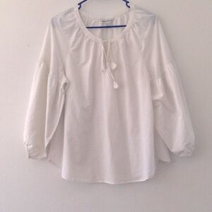 Women's White Peasant Blouse with Tie Neck